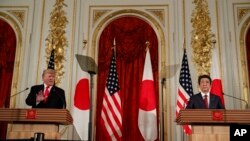 东京赤坂宫,美国总统特朗普在与日本首相安倍晋三举行的新闻发布会上发表讲话。(2019年5月27日)