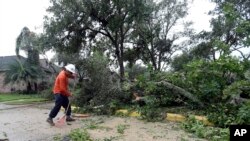 在德克萨斯州密苏里城,有人清理狂风吹落的大树枝叶(2017年8月26日)